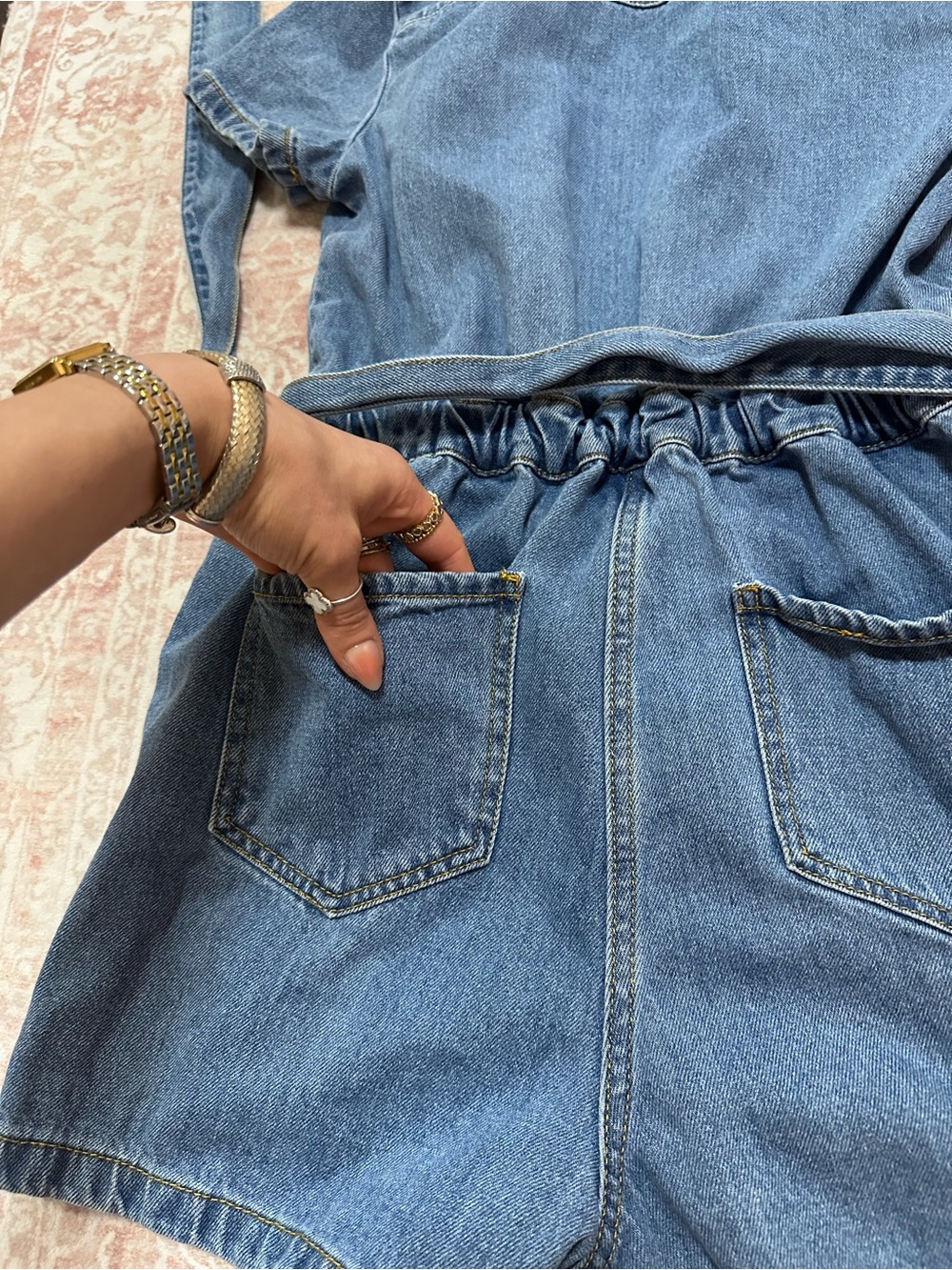 Belted 🩵 Denim Shorts Romper - Picture 14 of 14